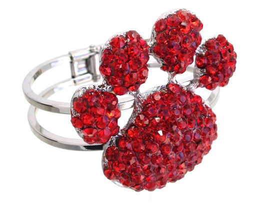 Red Crystal Paw Print Hinge Cuff Bracelet