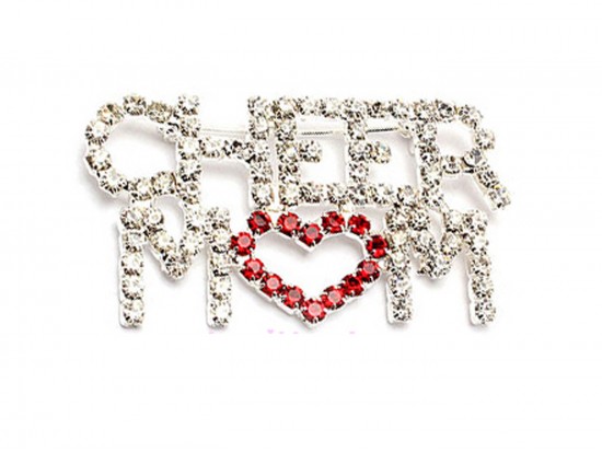 Clear Crystal CHEER MOM Heart Brooch
