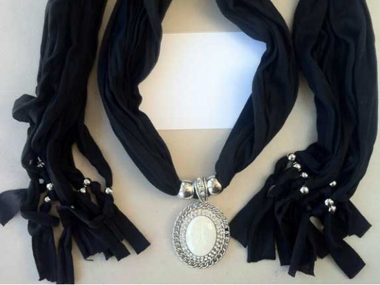 Black Scarf and Oval Cabochon Pendant Necklace
