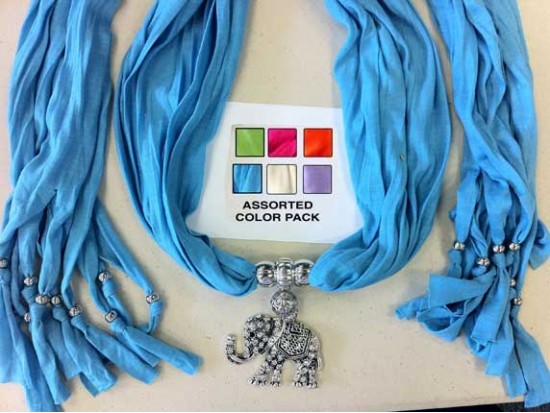 Assorted Scarf Antique Silver Crystal Elephant Pendant Necklace 6 Pack