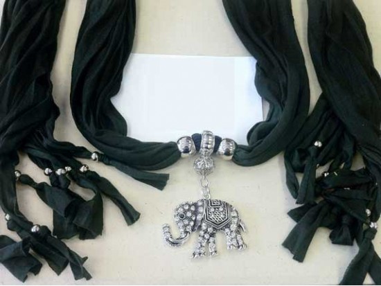 Black Scarf Antique Silver Crystal Elephant Pendant Necklace Black Scarf Antique Silver Crystal Elephant Pendant Necklace