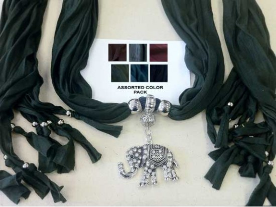 Dark Assorted Scarf Silver Crystal Elephant Pendant Necklace 6 Pack