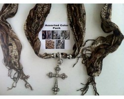 Animal Scarf Antique Silver Crystal Cross Pendant Necklace 6 Pack