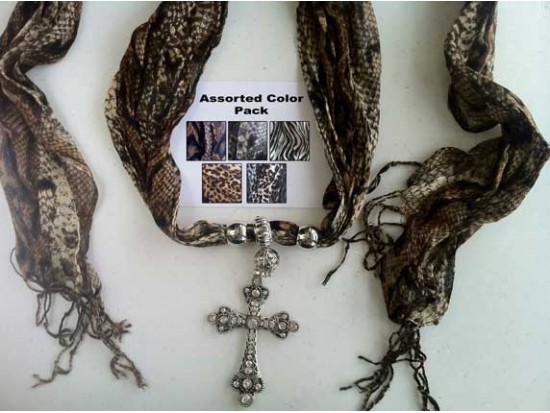 Animal Scarf Antique Silver Crystal Cross Pendant Necklace 6 Pack