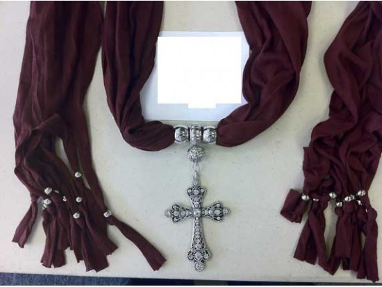 Black Scarf Antique Silver Crystal Cross Pendant Necklace