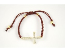Clear Crystal Gold Cross Brown Braided Macramé Bracelet