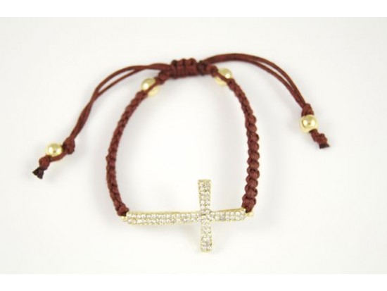 Clear Crystal Gold Cross Brown Braided Macramé Bracelet