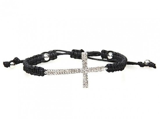 Clear Crystal Silver Cross Black Braided Macramé Bracelet