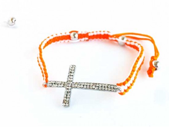 Clear Crystal Silver Cross Orange & White Braided Macramé Bracelet
