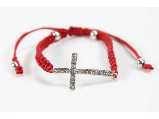 Clear Crystal Silver Cross Red Braided Macramé Bracelet