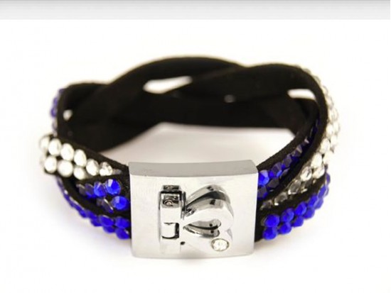 Blue Clear Crystal Braid Strap Bracelet With Silver Heart Clasp