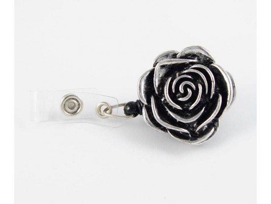Rose Antique Silver Retractable Key Chain/ID Holder