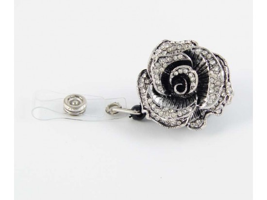 Crystal Silver Plate Rose Retractable Key Chain/ID Holder