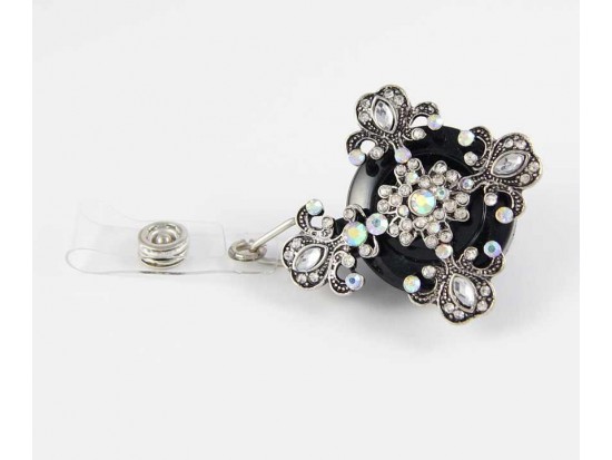 Crystal Filigree Cutout Cross Retractable Key Chain/ID Holder