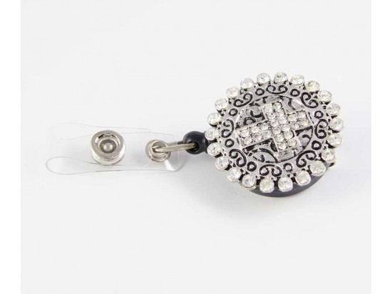 Crystal Square Cross with Filigree Heart Retractable Key Chain/ID Holder Crystal Square Cross with Filigree Heart Retractable Key Chain/ID Holder