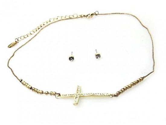 Gold Plate Cry Cross Stardust Bead Necklace Set