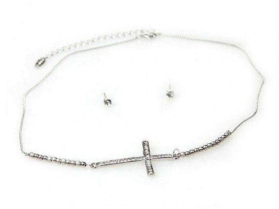 Rhodium Cry Cross Stardust Bead Necklace Set