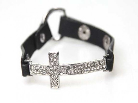 Crystal Cross Black Strap Snap Bracelet