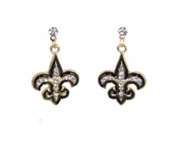 Black Gold Crystal Fleur De Lis Dangle Post Earrings