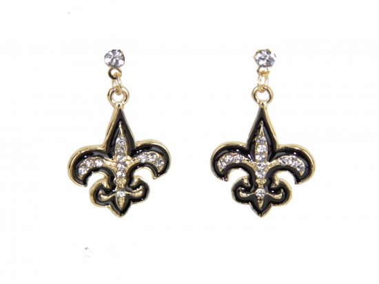 Black Gold Crystal Fleur De Lis Dangle Post Earrings