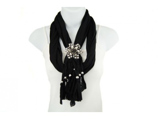 Black Flower Crystal Lace Cut Magnetic Pendant Scarf Necklace