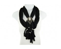 Black Lace Cut & Crystal Leaf Magnetic Pendant Scarf Necklace