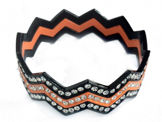 Orange & Black Crystal Chevron 3 Band Bangle Bracelet
