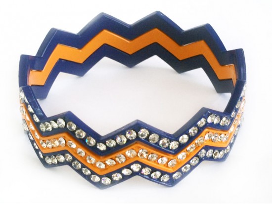 Blue & Orange Crystal Chevron 3 Band Bangle Bracelet
