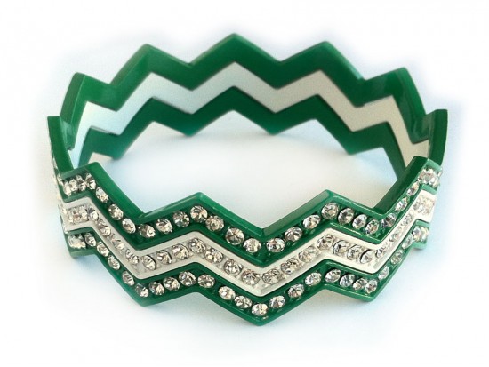 Green & White Crystal Chevron 3 Band Bangle Bracelet