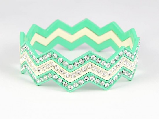 Mint & White Crystal Chevron 3 Band Bangle Bracelet