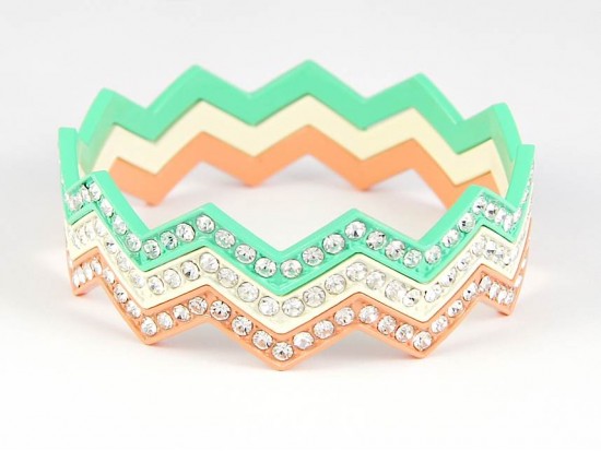 Mint White Coral Crystal Chevron 3 Band Bangle Bracelet