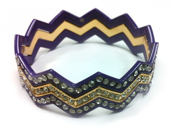 Purple & Gold Crystal Chevron 3 Band Bangle Bracelet