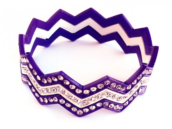 Purple & White Crystal Chevron 3 Band Bangle Bracelet