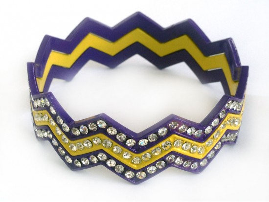 Purple & Yellow Crystal Chevron 3 Band Bangle Bracelet