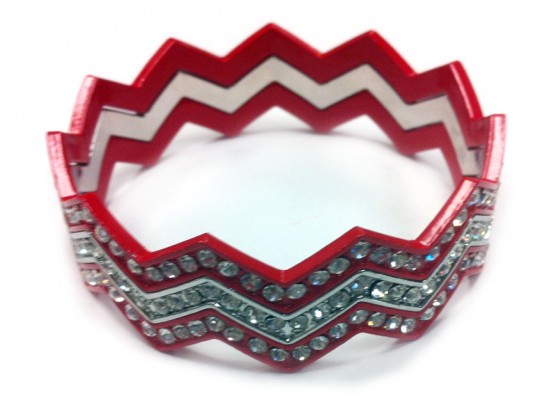 Red & Silver Crystal Chevron 3 Band Bangle Bracelet