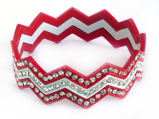 Red & White Crystal Chevron 3 Band Bangle Bracelet
