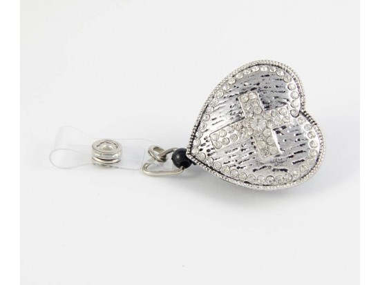 Antique Silver Grooved Heart with Crystal Cross Retractable Key Chain/ID Holder