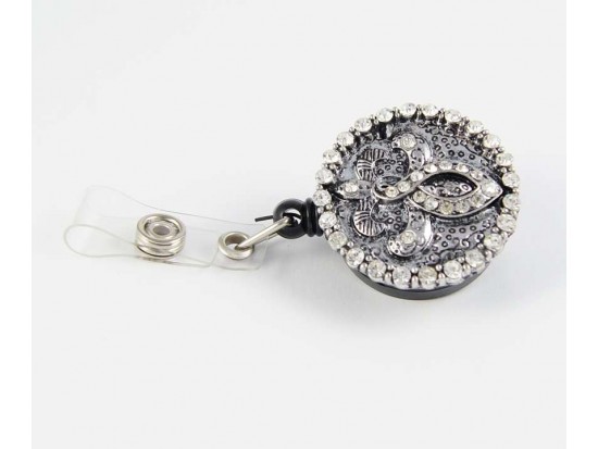 Antique Slv Filigree & Cry Fleur De Lis Retractable Key Chain/ID Holder Antique Slv Filigree & Cry Fleur De Lis Retractable Key Chain/ID Holder