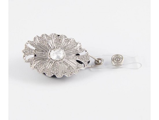 Silver Plate Oval Starburst Crystal Design Retractable Key Chain/ID Holder Silver Plate Oval Starburst Crystal Design Retractable Key Chain/ID Holder