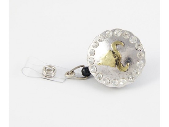 Two Tone Steer Head & Crystal Accent Retractable Key Chain/ID Holder