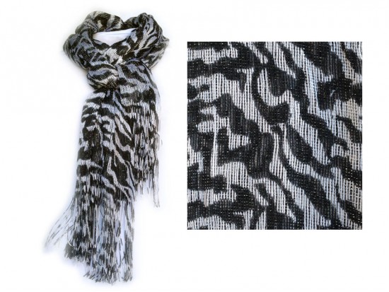 Zebra Black White Print with Silver Thread & Tassel Scarf