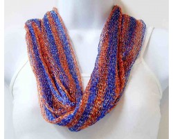 Blue Orange Silver Thread Loose Weave Tassel Scarf