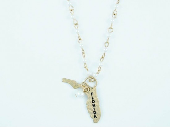 Antique Gold FLORIDA State Map Pearl Link Necklace