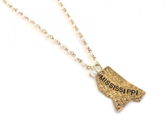 Antique Gold MISSISSIPPI State Map Pearl Link Necklace