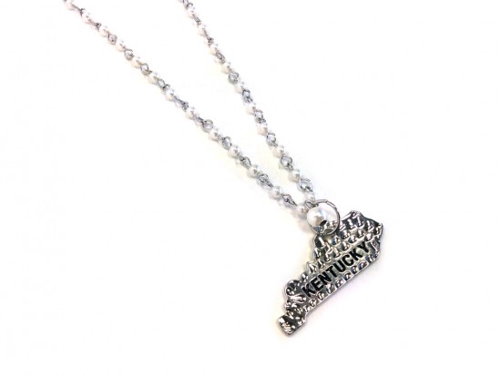 Antique Silver KENTUCKY State Map Pearl Link Necklace