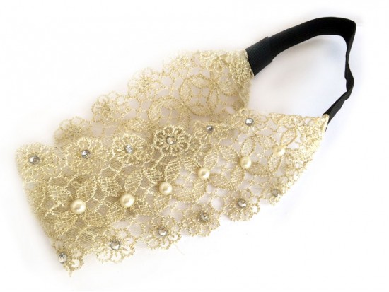 Beige Daisy Embroidery Lace Stretch Headband