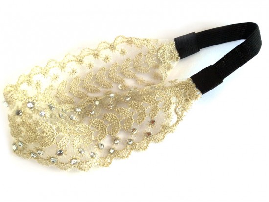 Beige Small Leaves Row Embroidery Lace Stretch Headband Beige Small Leaves Row Embroidery Lace Stretch Headband