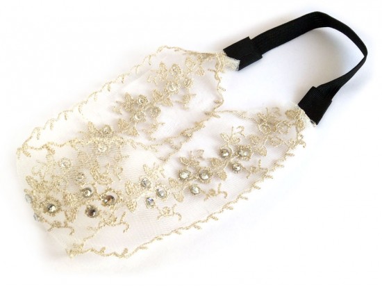 Beige Small Roses in Row Embroidery Lace Stretch Headband