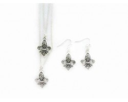 Antique Silver 2 Strand Fleur De Lis with Curl Design Necklace Set