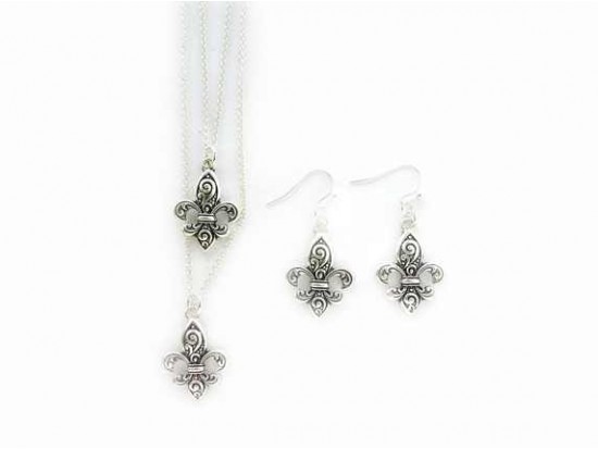 Antique Silver 2 Strand Fleur De Lis with Curl Design Necklace Set
